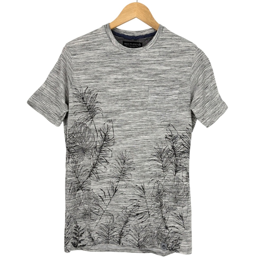 Free Planet Pocket T-Shirt Mens Medium Gray Tropical Palm Space Dye Graphic Tee